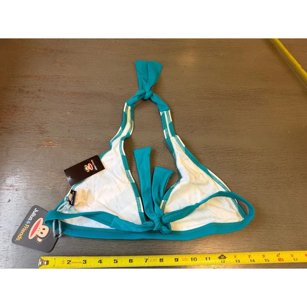 Paul Frank Julius & Friends Teal White Striped Triangle Halter Bikini Top XL NWT